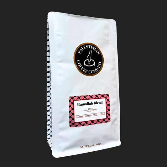ramallah blend decaf coffee front of bag
