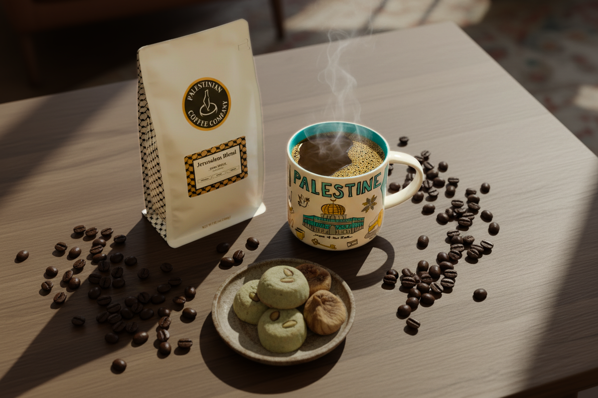 Palestine Mug and Jerusalem Blend coffee on a sunlit table