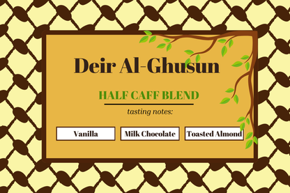 Deir Al-Ghusun Half Caff Blend label: vanilla, milk chocolate, and toasted almond tasting notes