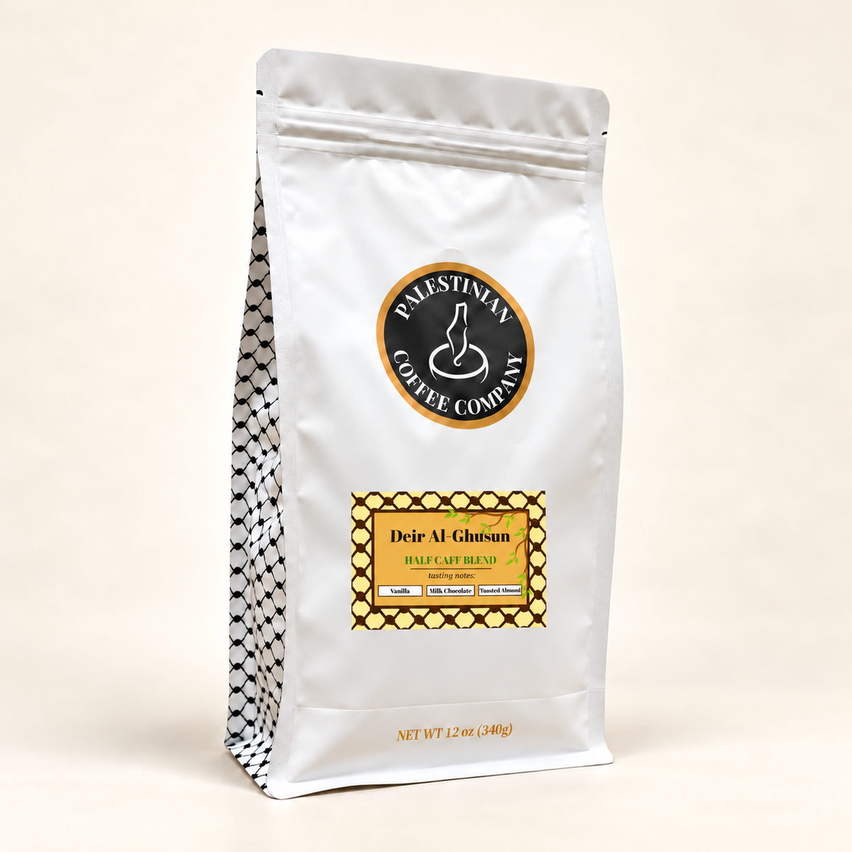Deir Al-Ghusun Half Caff Blend bag mockup, angle view, with approximately scaled label
