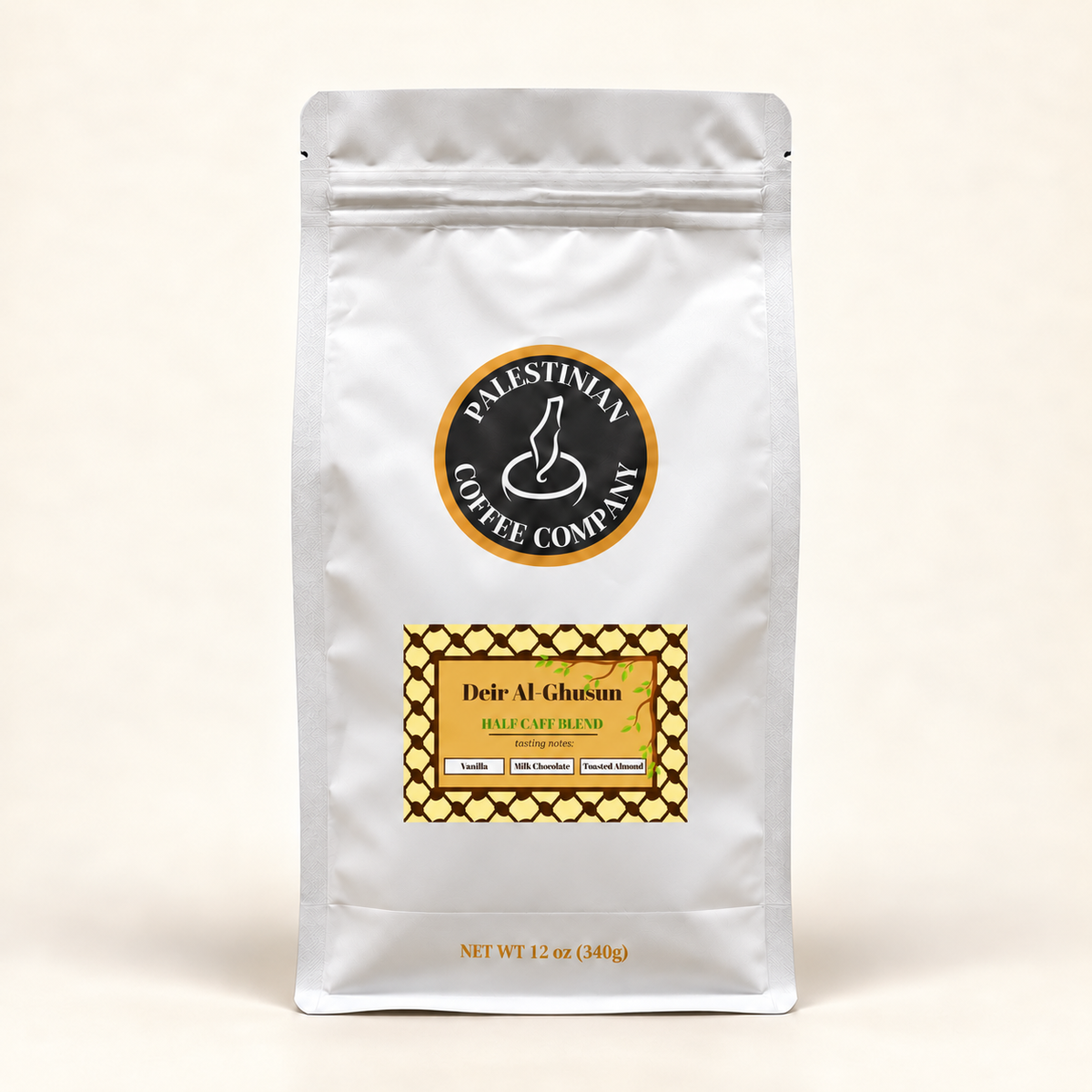 Deir Al-Ghusun Half Caff Blend bag mockup, front view, with approximately scaled label