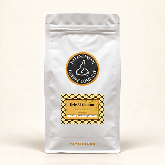 Deir Al-Ghusun Half Caff Blend bag mockup, front view, with approximately scaled label