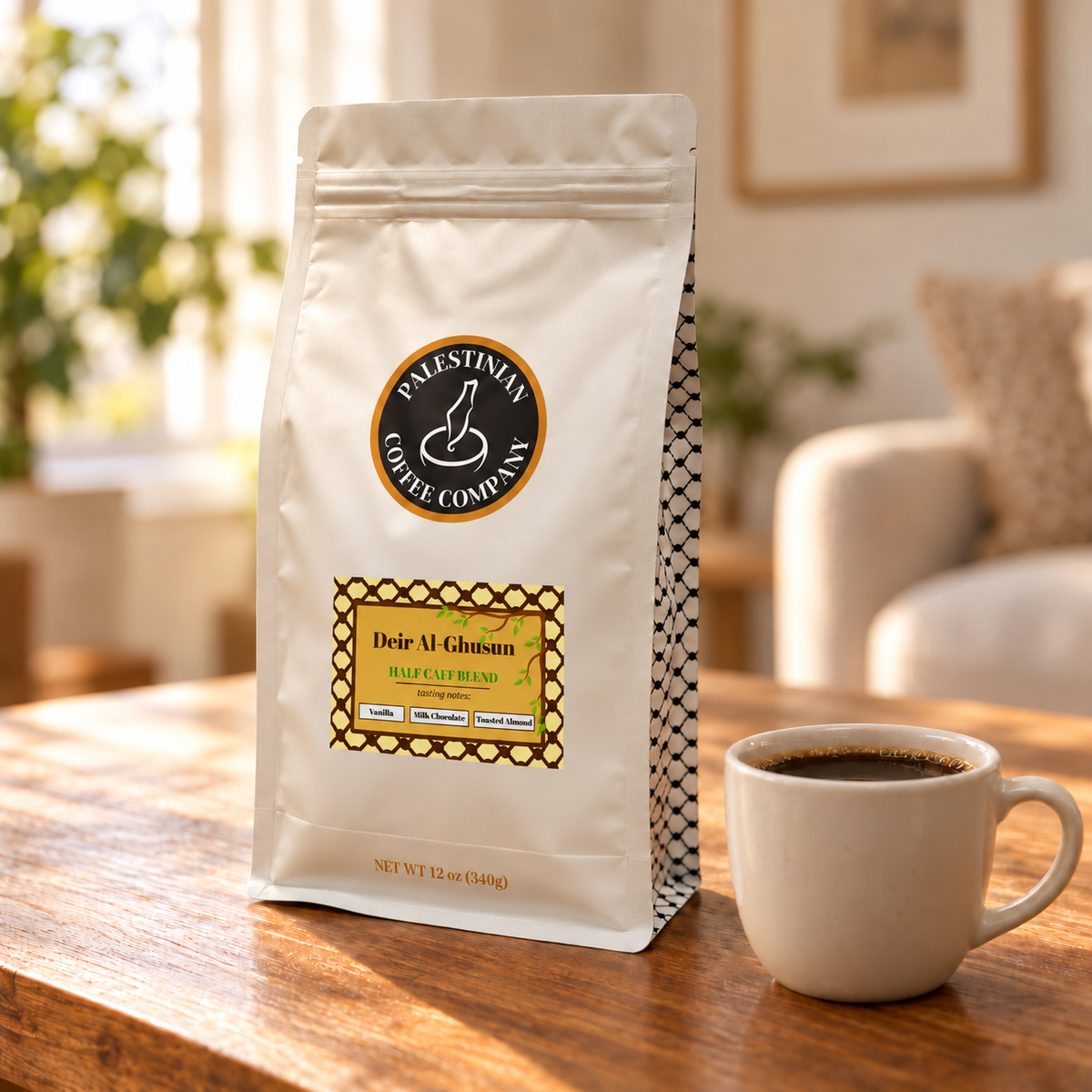 Deir Al-Ghusun Half Caff Blend bag mockup, lifestyle view, with approximately scaled label