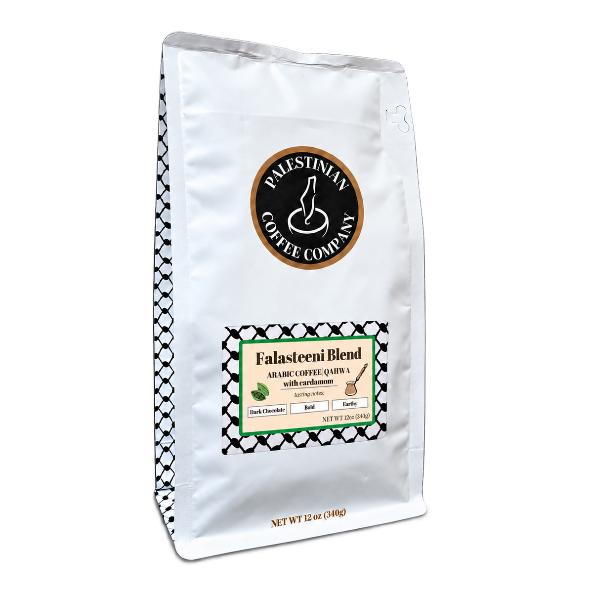 Falasteeni Blend cardamom Arabic coffee in extra-fine Turkish grind, 12 oz bag
