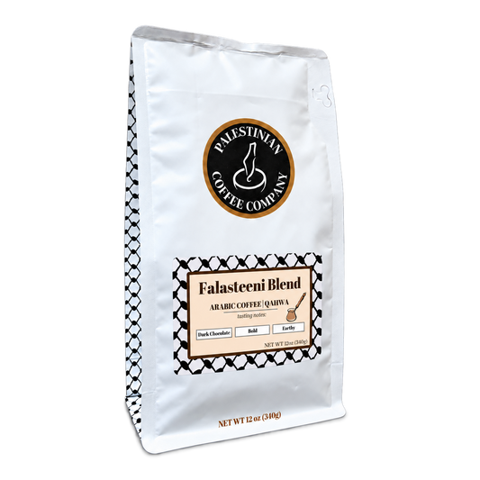 Falasteeni Blend original Arabic coffee in extra-fine Turkish grind, 12 oz bag