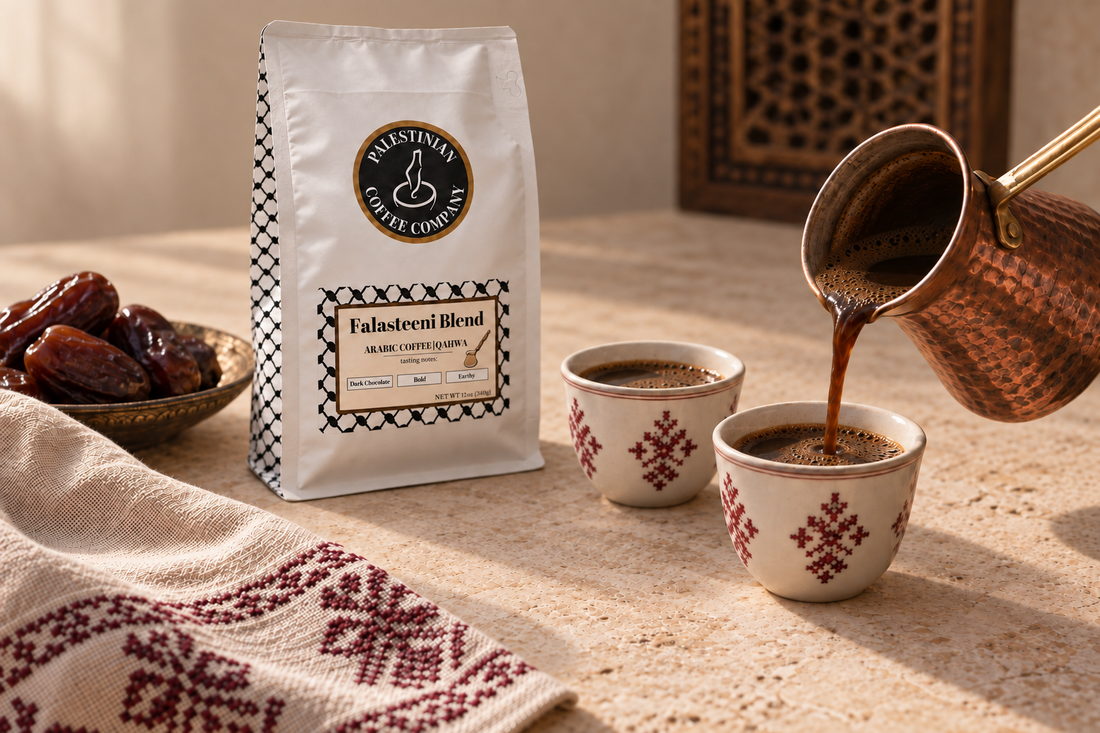 Palestinian-style Arabic coffee being poured into a small cup beside Falasteeni Blend coffee
