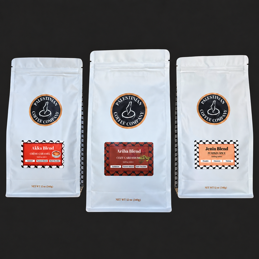 Fall Trio: Akka Crème Caramel, Ariha Cozy Cardamom and Jenin Pumpkin Spice on a charcoal background