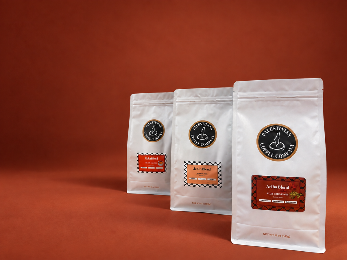 Akka, Jenin and Ariha coffee blends on a warm rust background