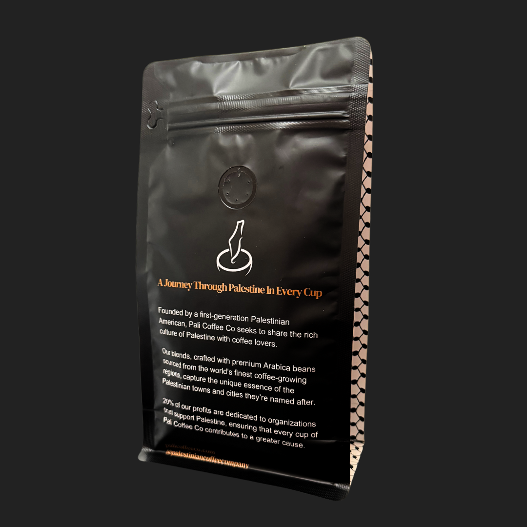 back of bag 12 oz palestinian coffee company
