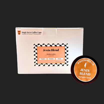 Jenin Blend pumpkin spice coffee package with a single cup on a black background