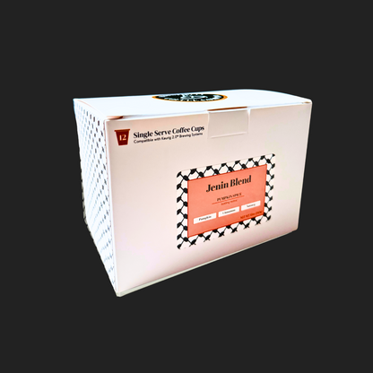 Box of Jenin Blend single serve coffee cups on a black background