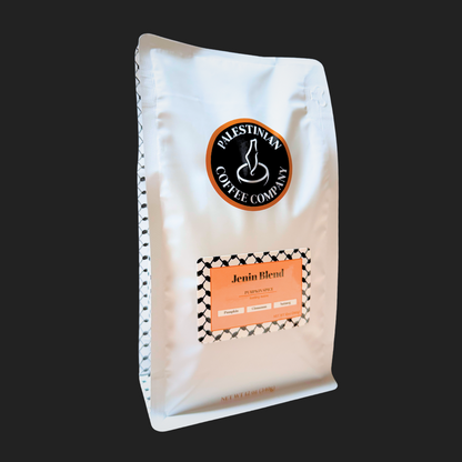 Coffee bag from Palestinian Coffee Company with 'Jenin Blend' label on a black background