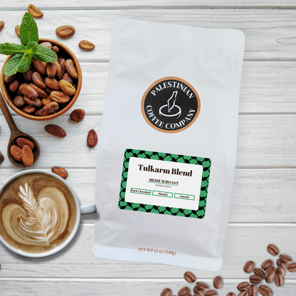 tulkarm blend coffee bag medium roast with coffee cup